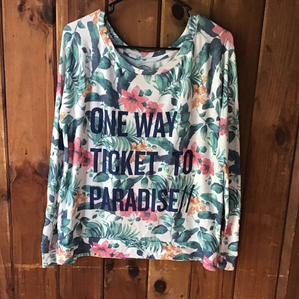 SO Womens Long Sleeve Top Size L Large Floral Green Paradise Fleece Shirt